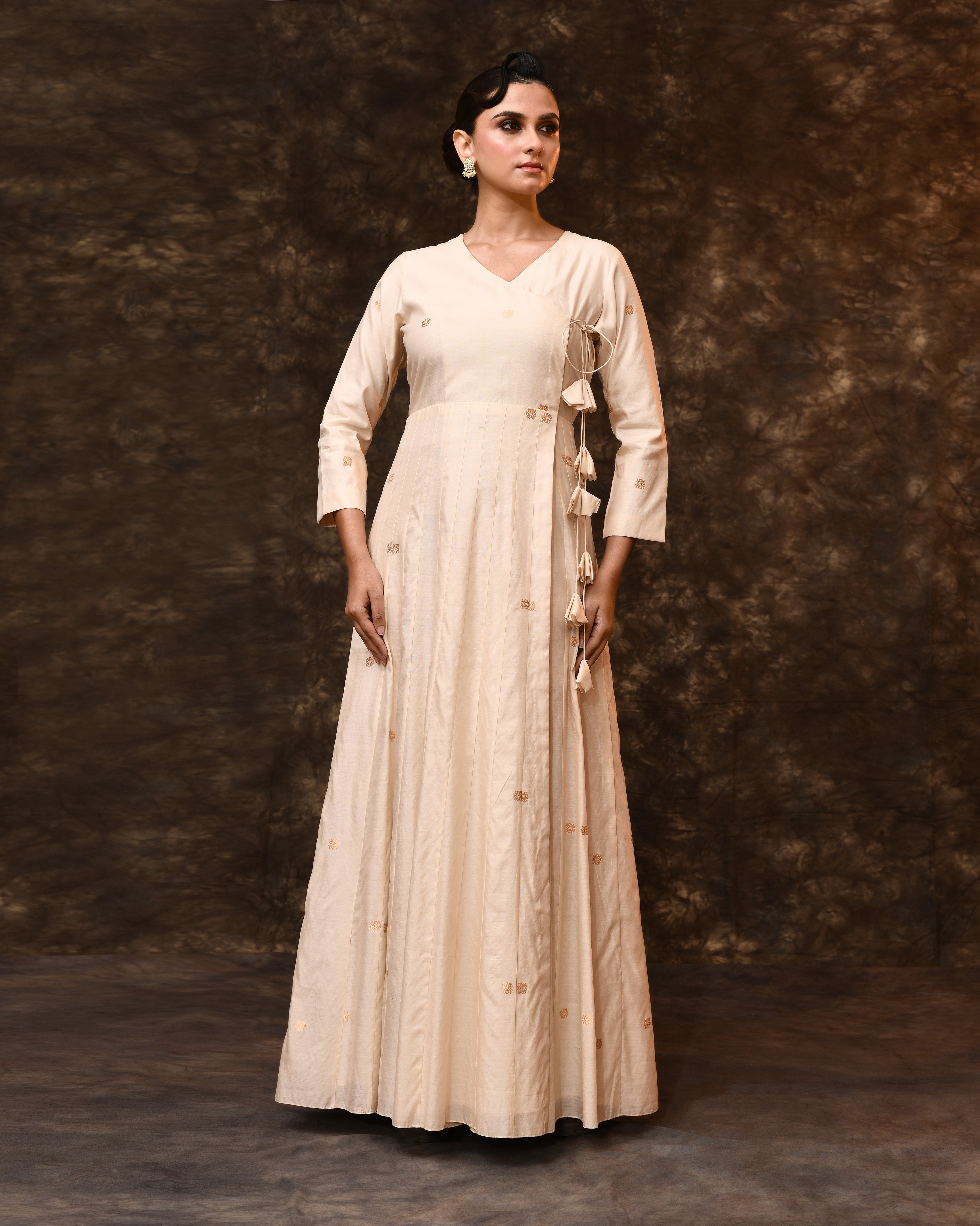 White Gold Booti Summer Silk Angrakha