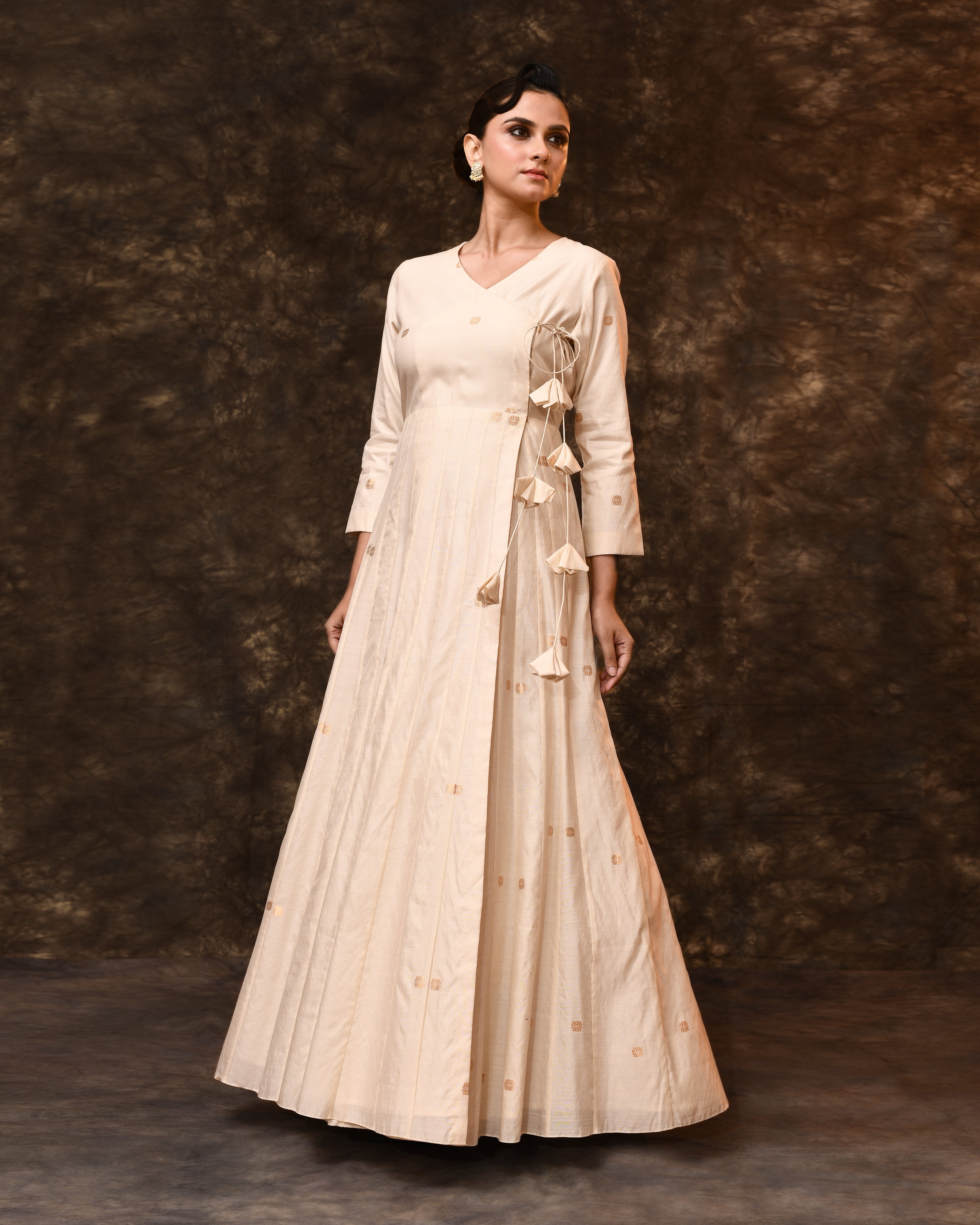 White Gold Booti Summer Silk Angrakha