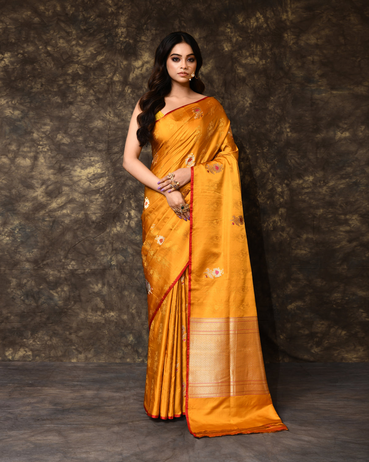 Yellow Floral Mashru Silk Saree