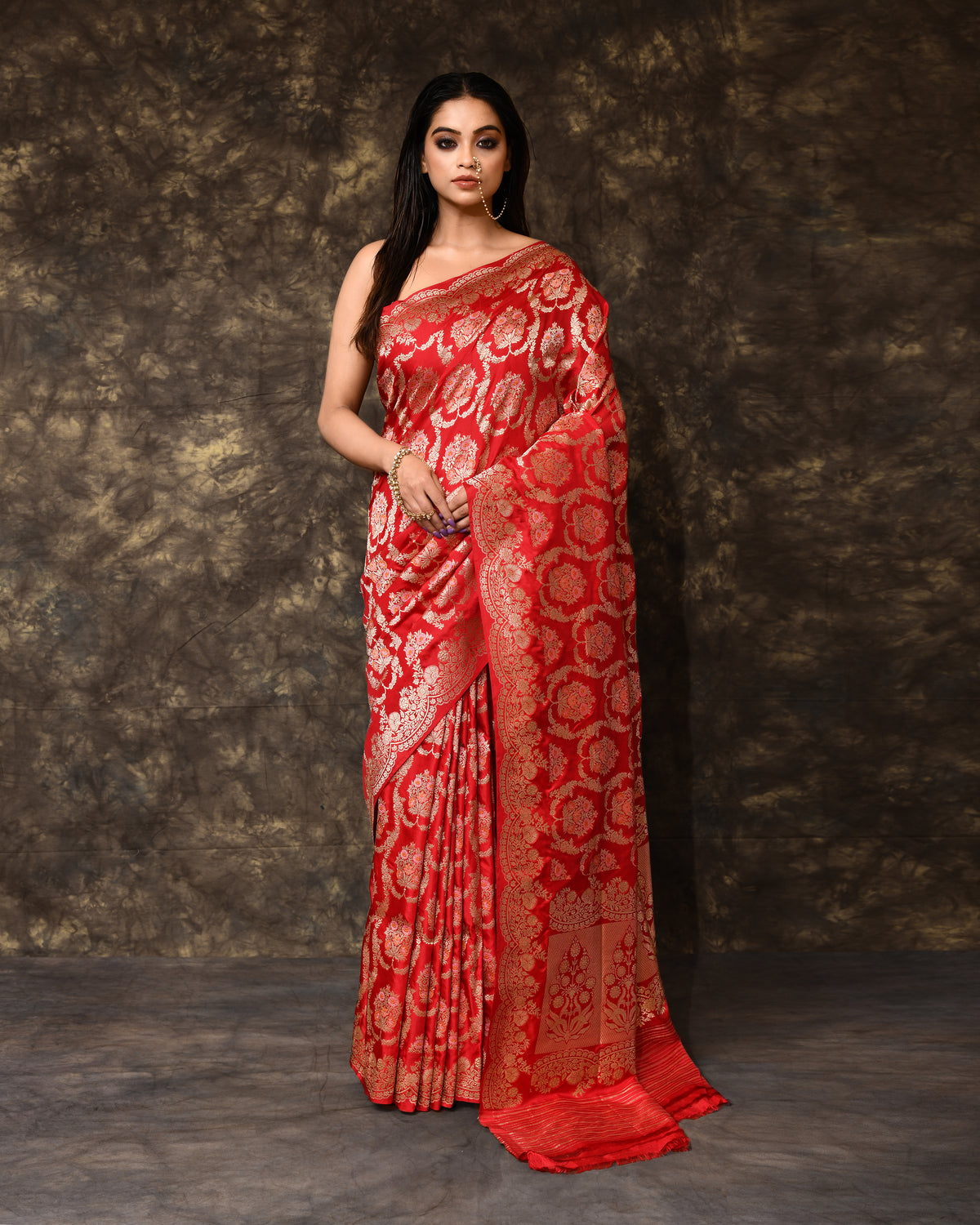 Red Floral Meenakari Banarsi Silk Saree