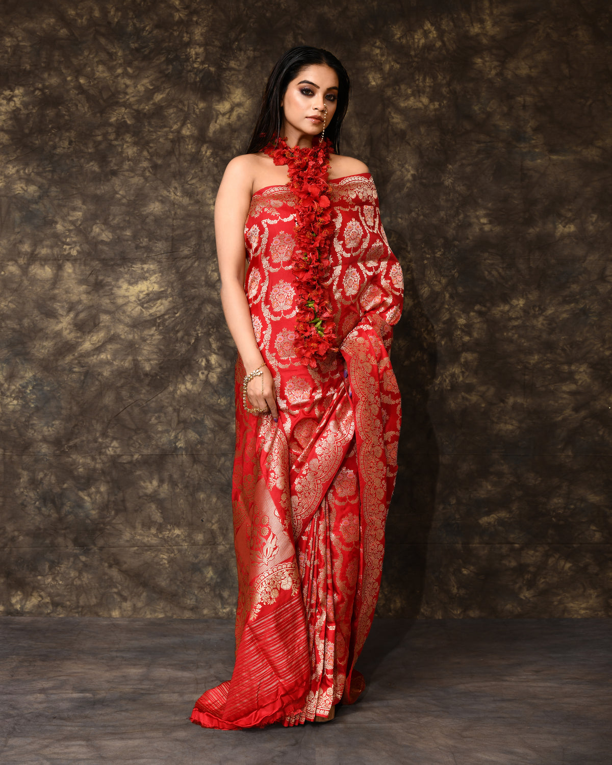 Red Floral Meenakari Banarsi Silk Saree