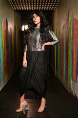 Satin Drape Skirt with Short Brocade Silk Contemporary Weave Jacket