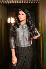 Satin Drape Skirt with Short Brocade Silk Contemporary Weave Jacket