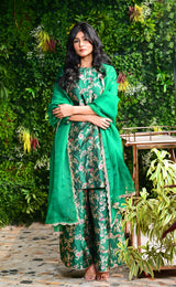 Emerald Green Banarasi Silk Kurta Sharara Set