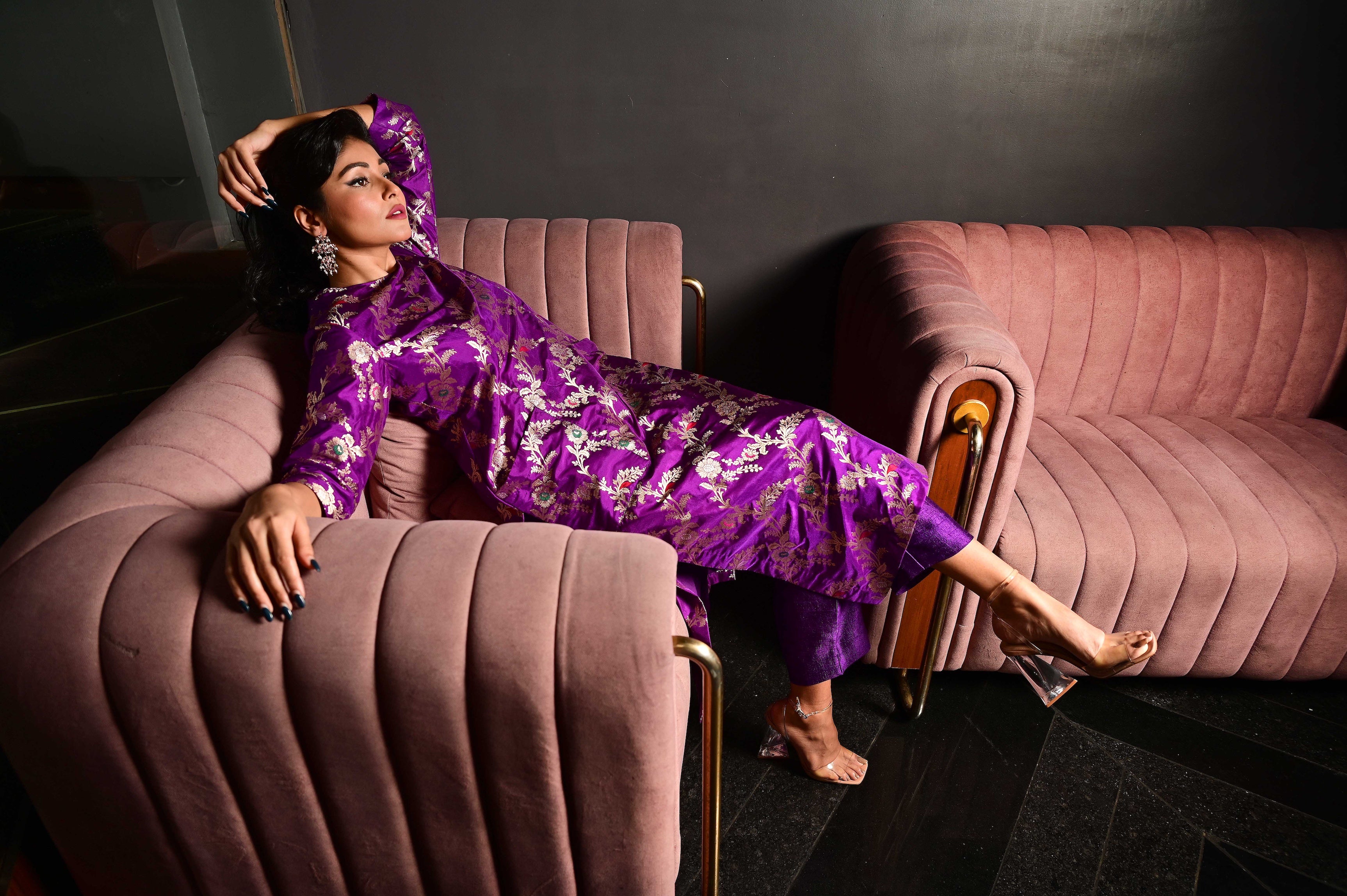 Purple Banarasi Silk Kurta Set with Pockets