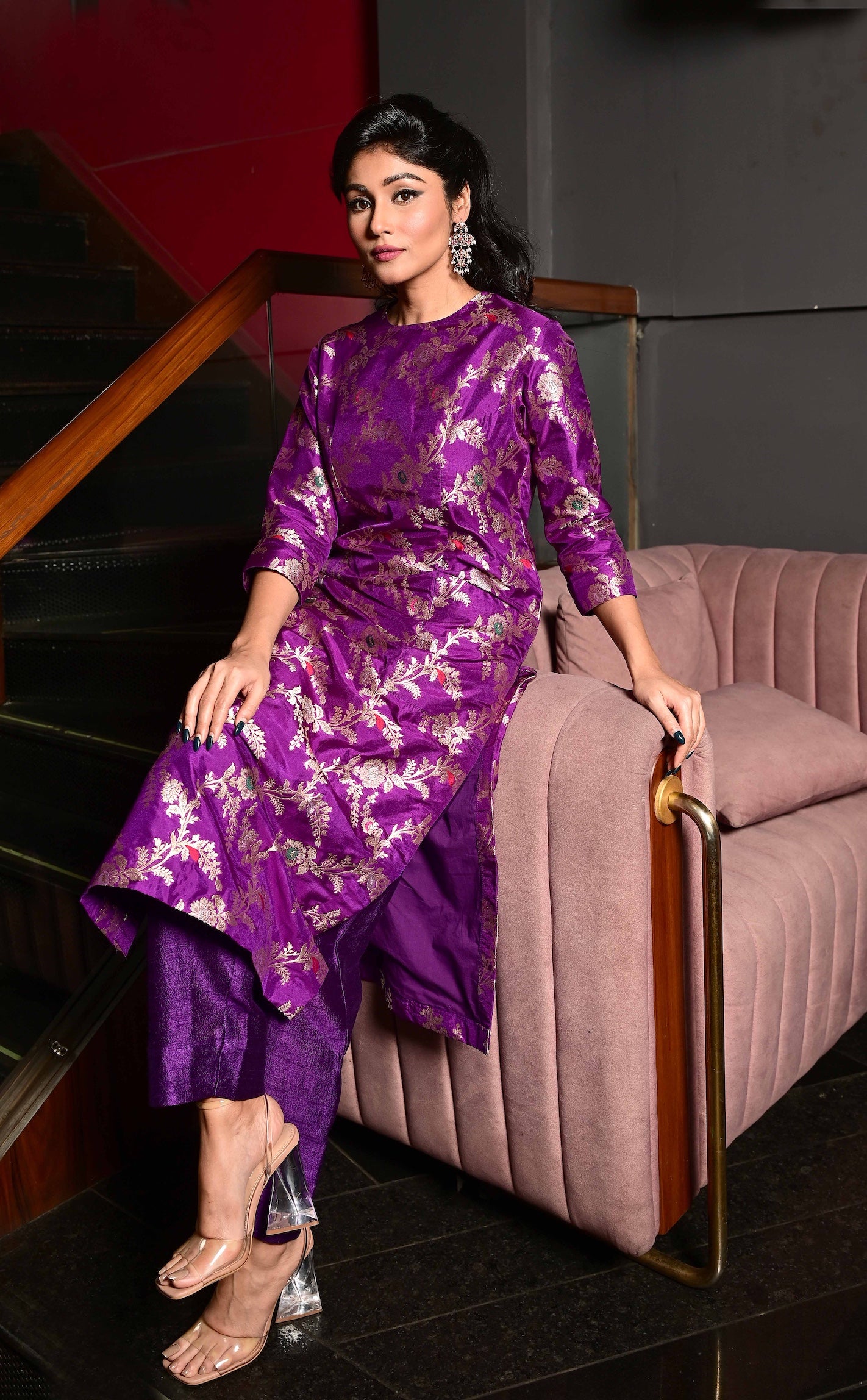 Purple Banarasi Silk Kurta Set with Pockets