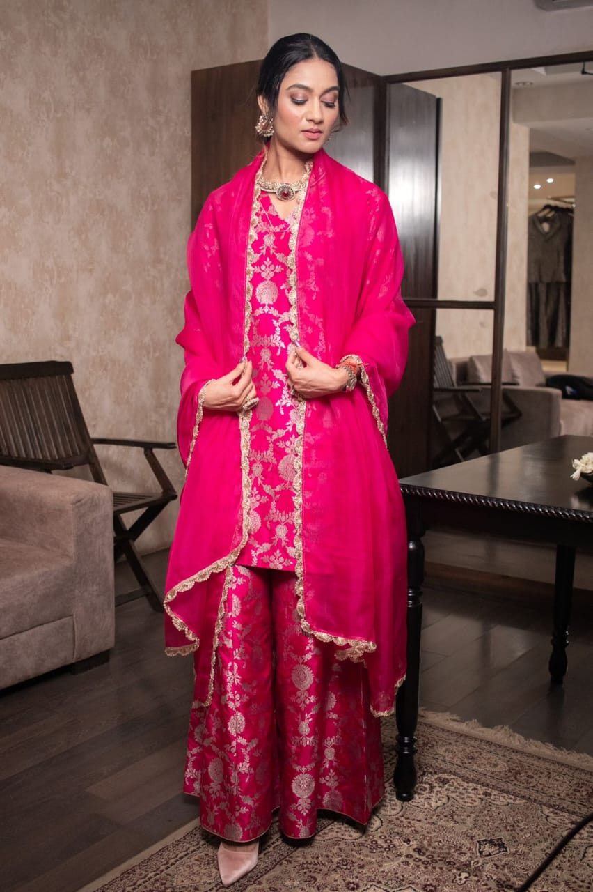 Pragati Pitty in Rani Pink Banarasi Silk Sharara Set
