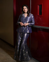 Pratibha Singh in Blue Brocade Silk Jacket Garara Set