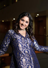 Pratibha Singh in Blue Brocade Silk Jacket Garara Set