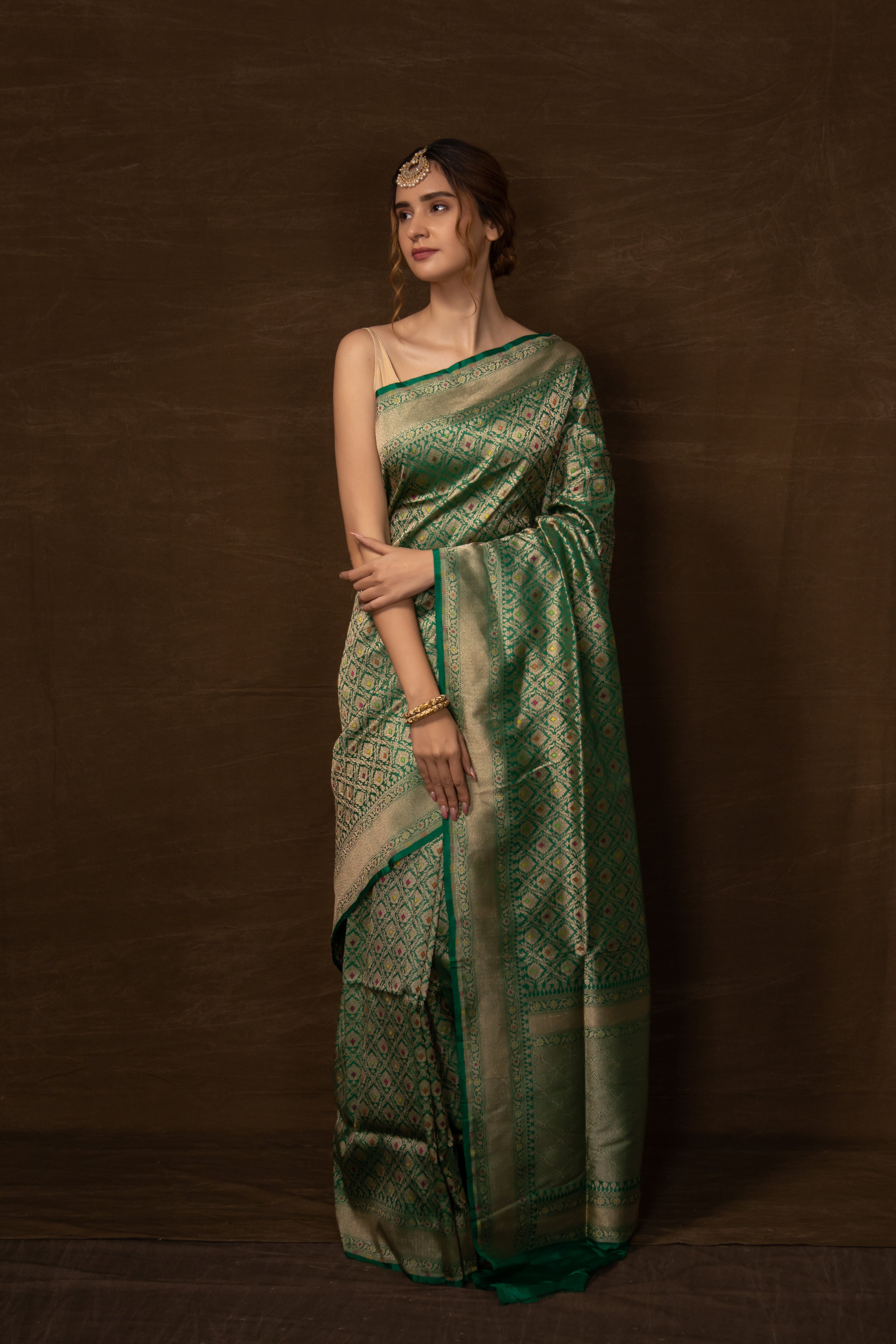Banarasi Meenakari Jaal Green Silk Saree