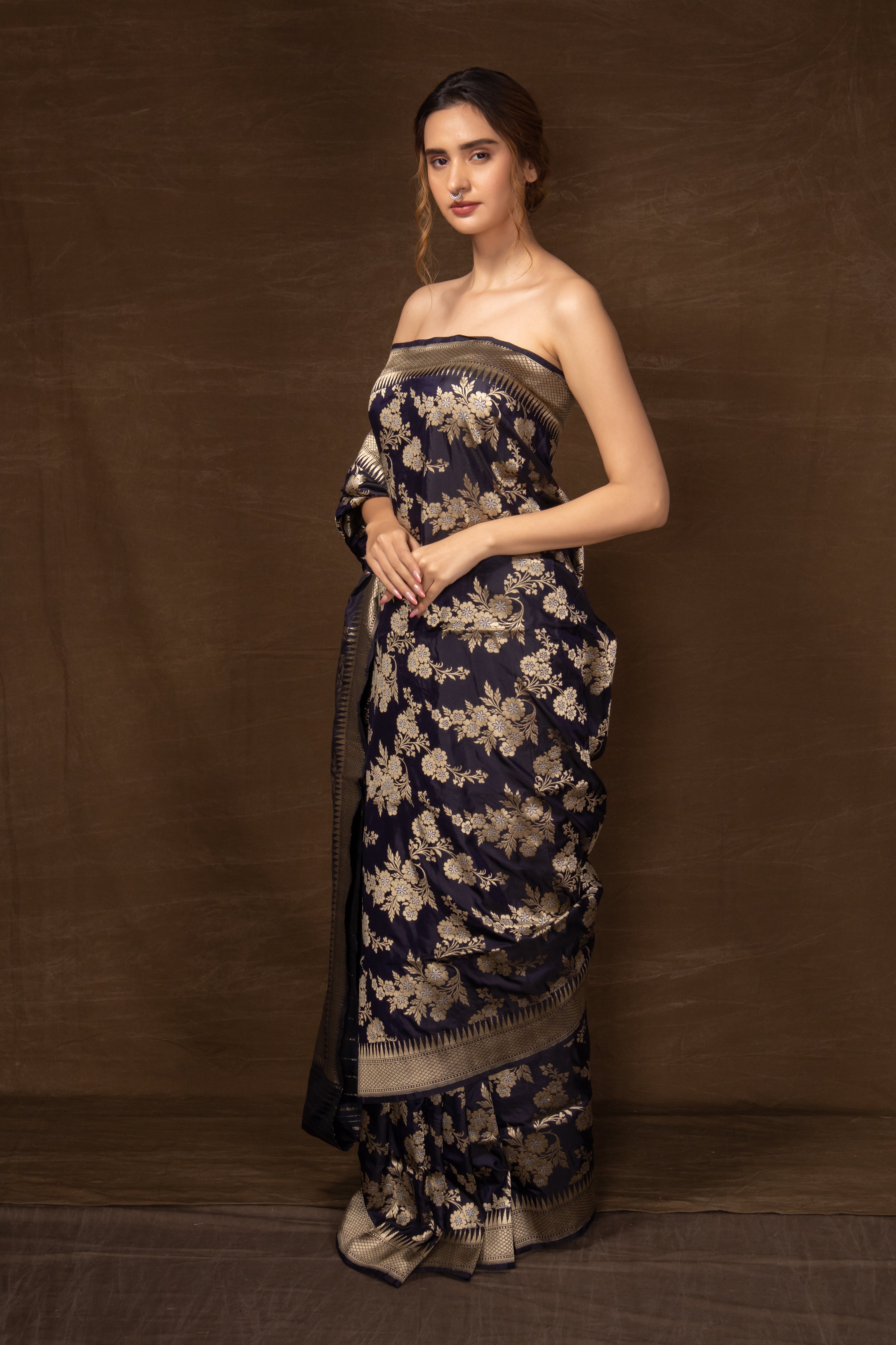 Midnight Blue Banarasi Silk Saree with Floral Bunches