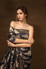 Midnight Blue Banarasi Silk Saree with Floral Bunches