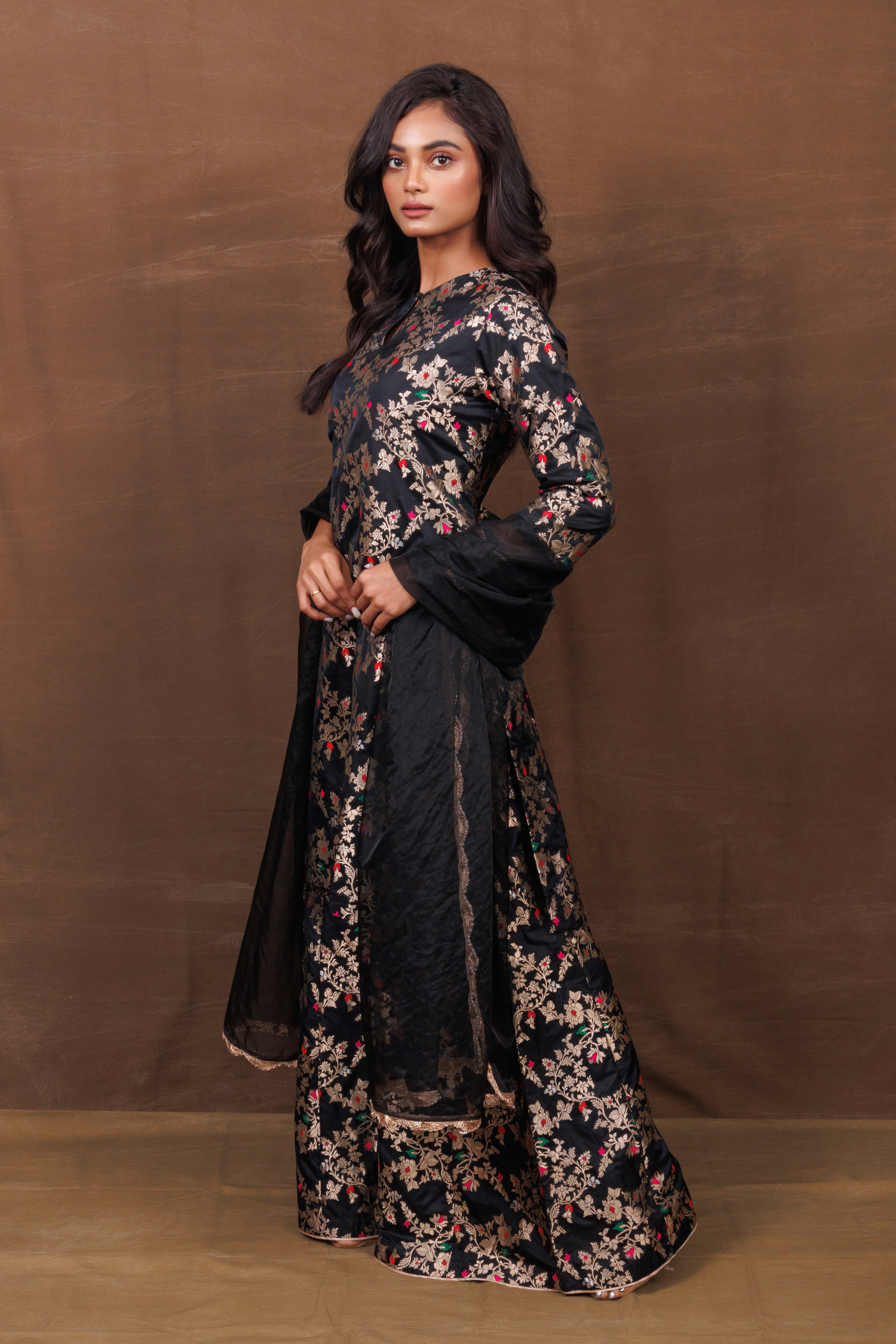 Black Sharara Set with Meenakari Details & Organza Scallop Dupatta