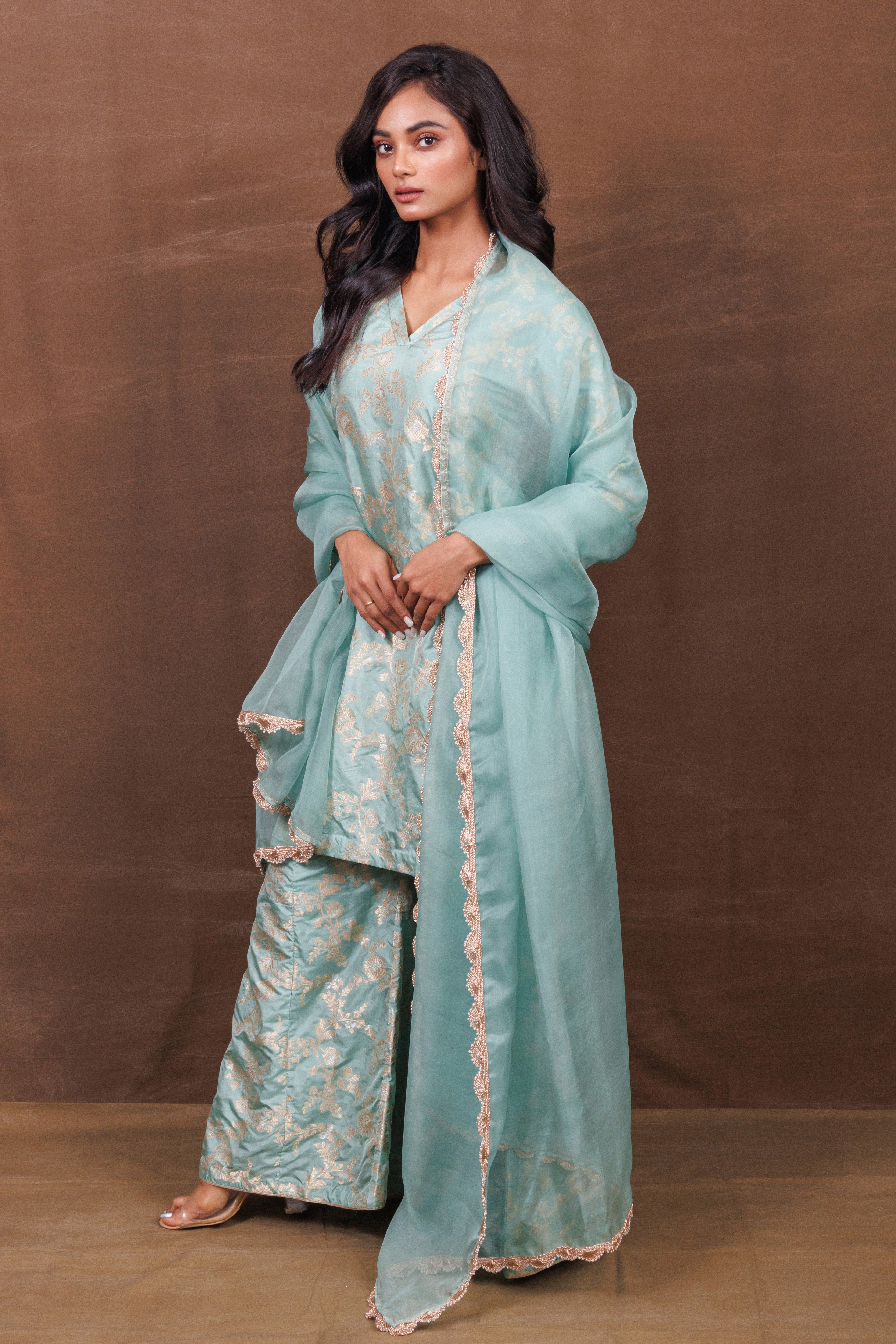 Firozi Silk Sharara Set with Gold-Silver Weaving & Organza Dupatta