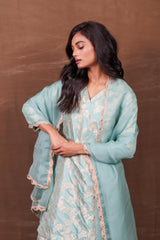 Firozi Silk Sharara Set with Gold-Silver Weaving & Organza Dupatta