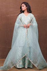 Firozi Silk Sharara Set with Gold-Silver Weaving & Organza Dupatta