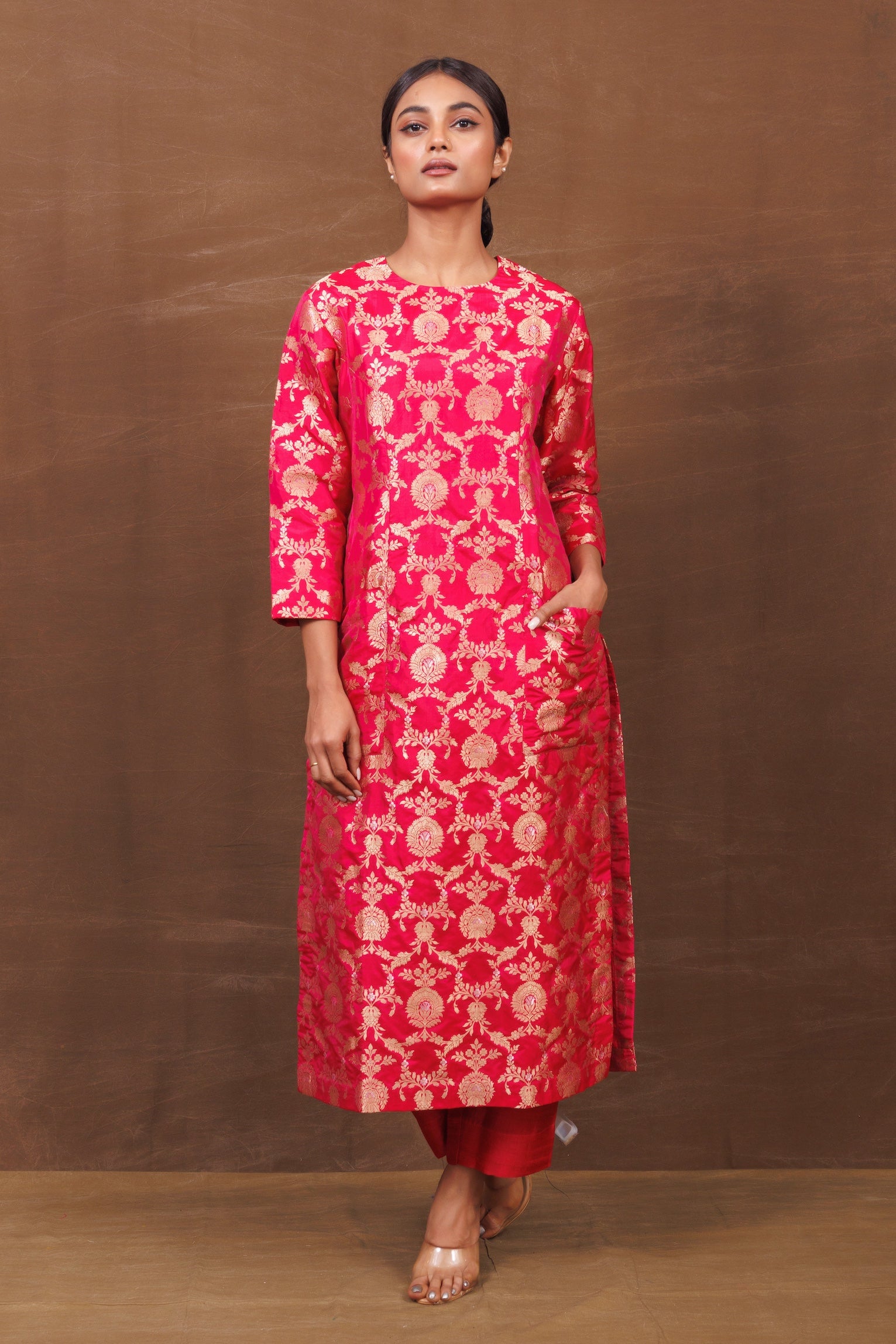 Red Banarasi Silk Kurta Set with Functional Pockets