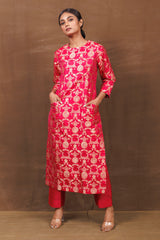 Red Banarasi Silk Kurta Set with Functional Pockets