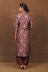 Brown Banarasi Jacket-Style Kurta Set with Raw Silk Pants
