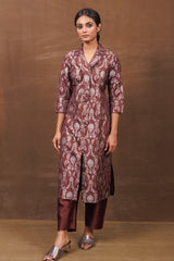 Brown Banarasi Jacket-Style Kurta Set with Raw Silk Pants