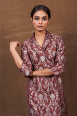 Brown Banarasi Jacket-Style Kurta Set with Raw Silk Pants