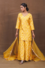 Yellow Banarasi Silk Kurta Sharara Set with Organza Dupatta