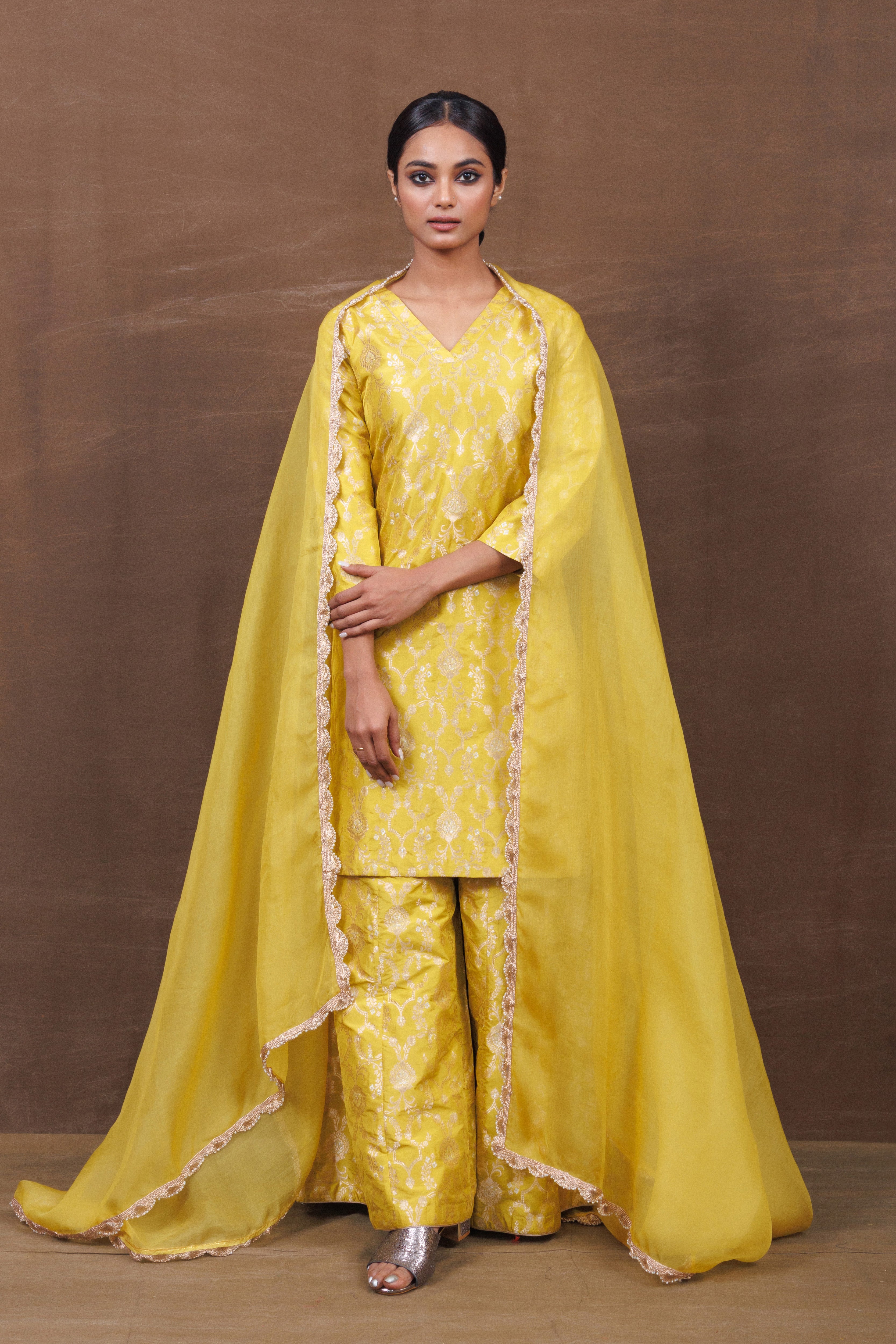 Yellow Banarasi Silk Kurta Sharara Set