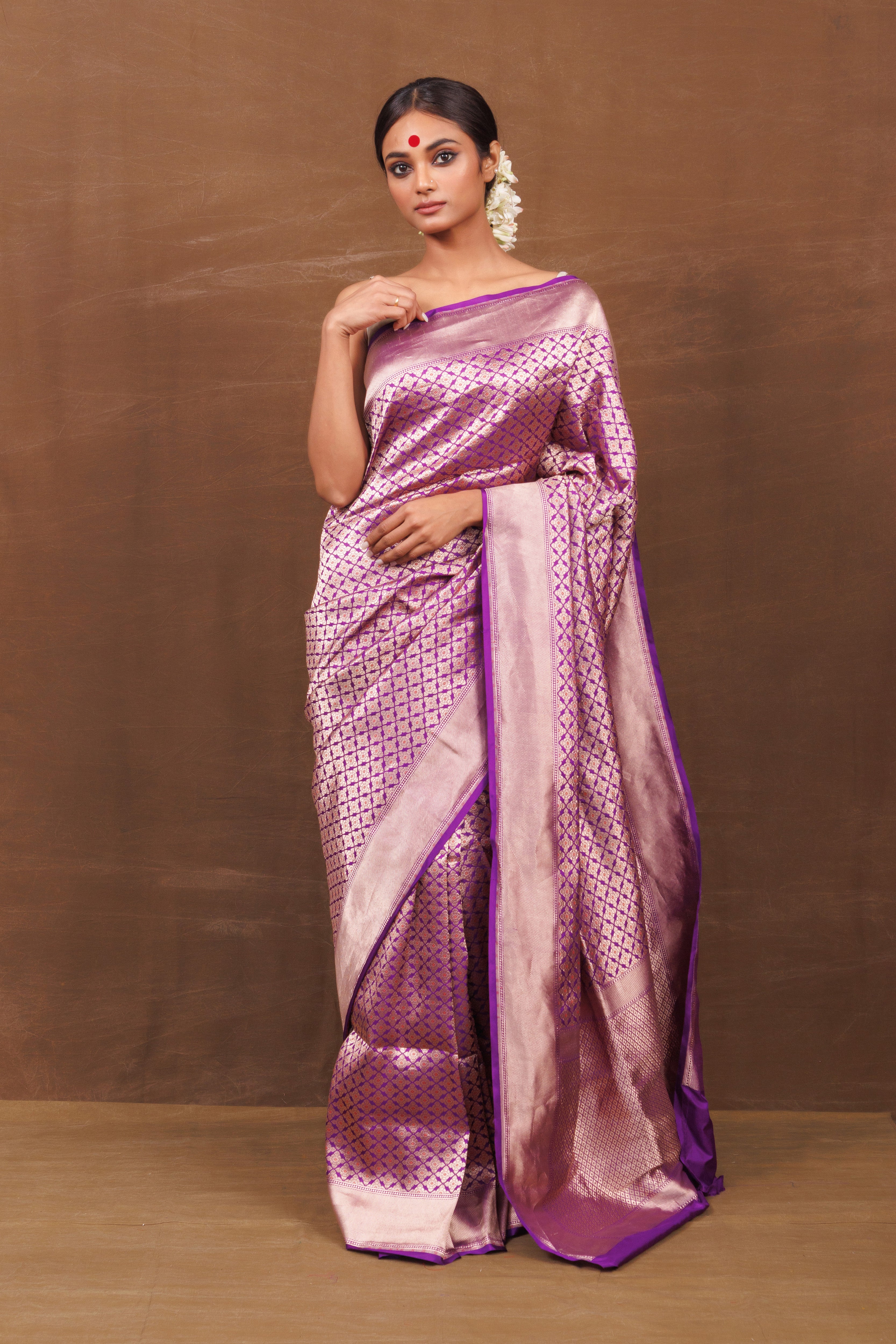 Purple Banarasi Saree with Jaal Weaving & Meenakari