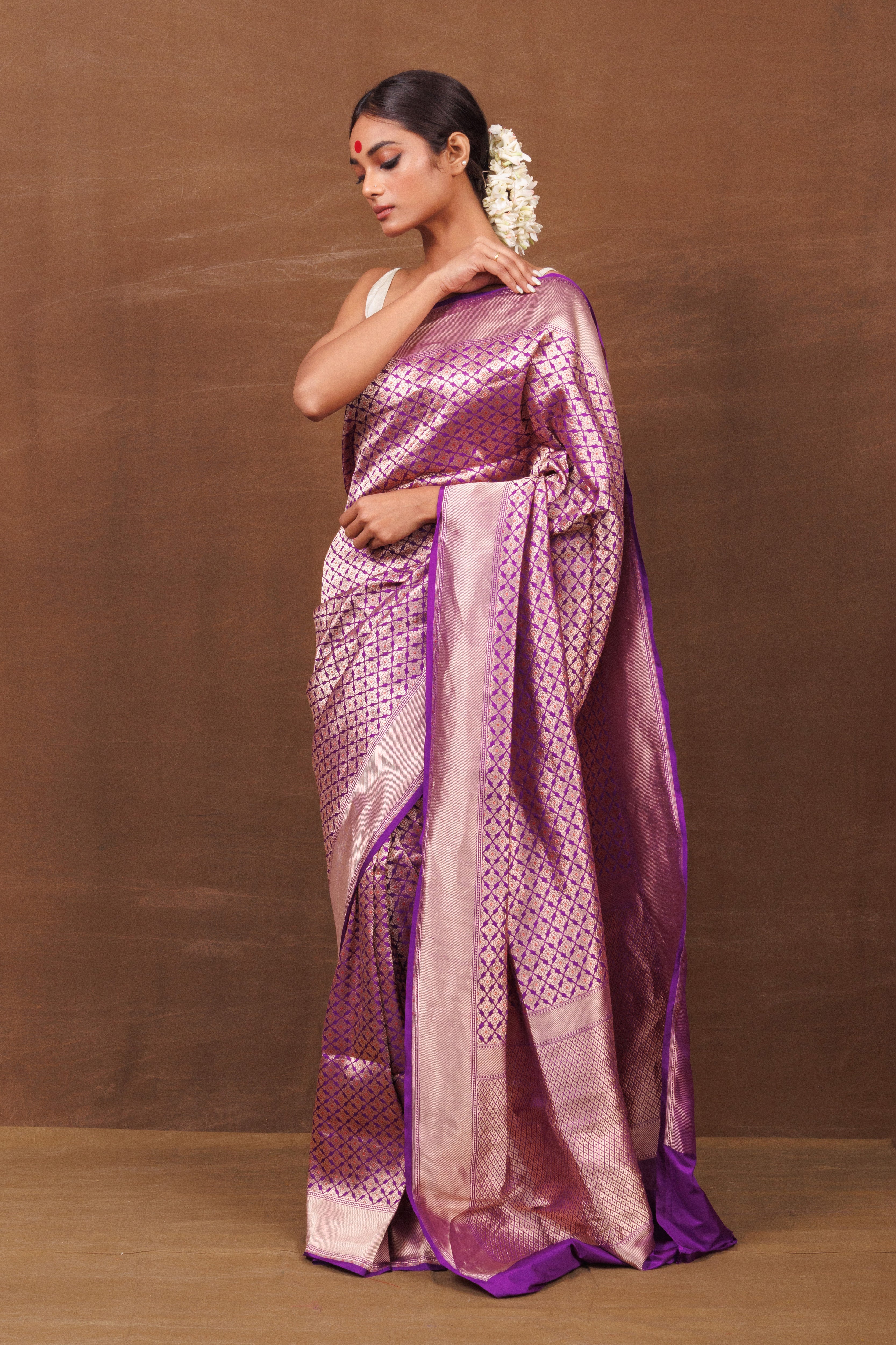 Purple Banarasi Saree with Jaal Weaving & Meenakari