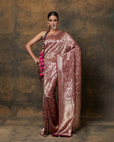 Dark Maroon Peacock Shikargah Banarasi Silk Saree
