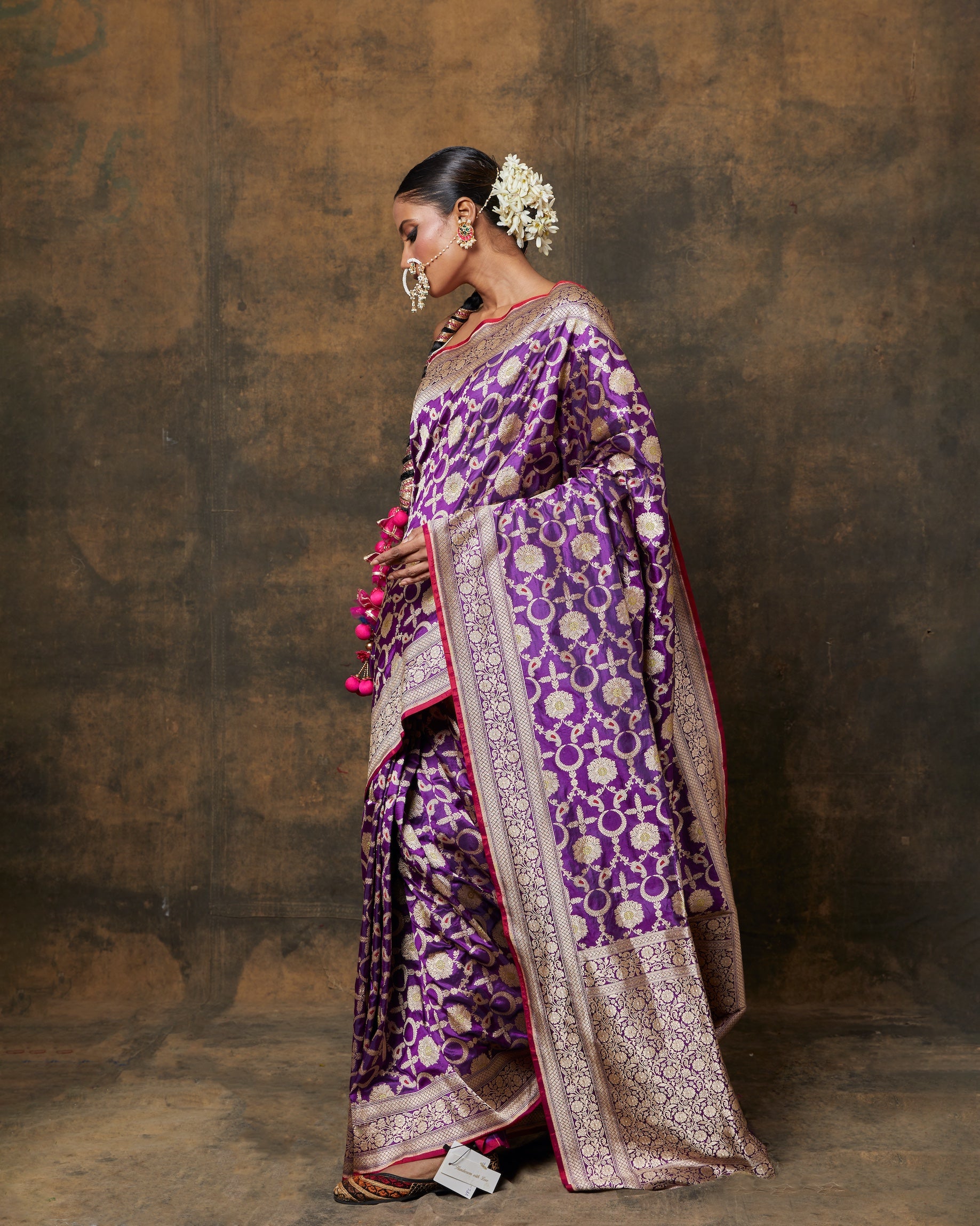 Purple Banarasi Silk Saree with running Heavy Jaal Blouse