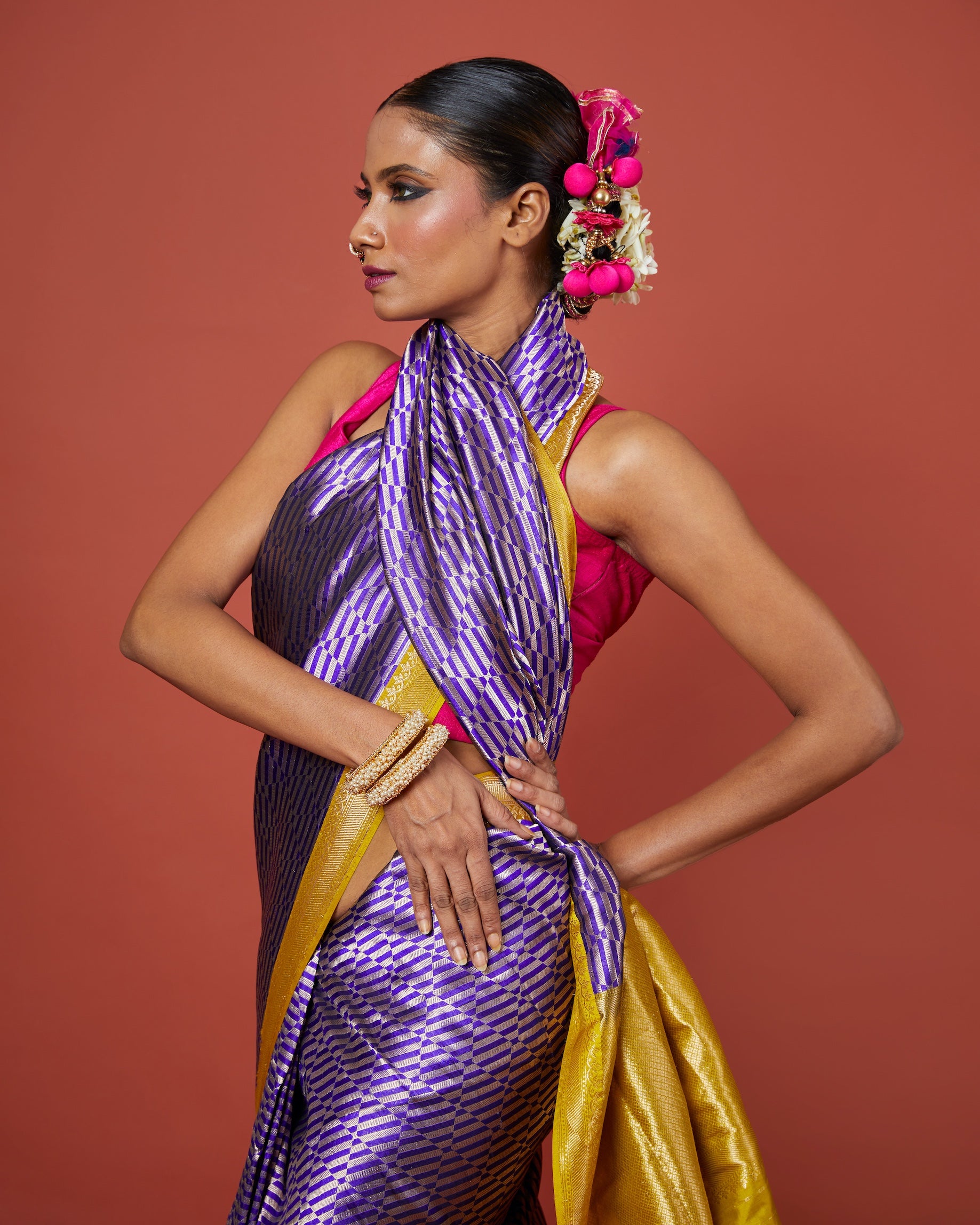 Purple & Ochre Banarasi Silk Saree