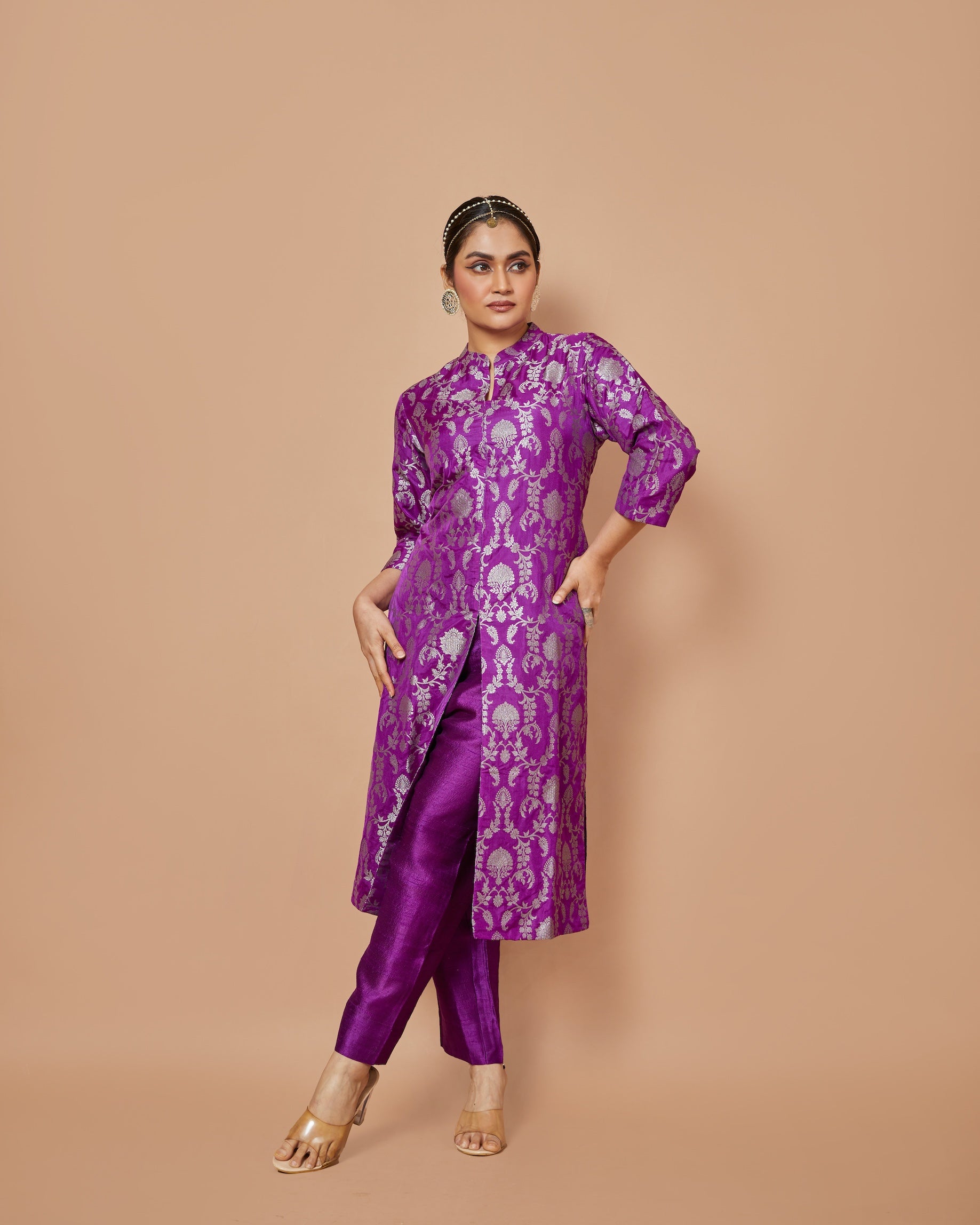 Purple Banarasi Silk Long Jacket Kurta with Raw Silk Pants