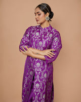 Purple Banarasi Silk Long Jacket Kurta with Raw Silk Pants