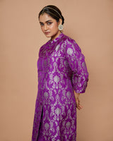 Purple Banarasi Silk Long Jacket Kurta with Raw Silk Pants