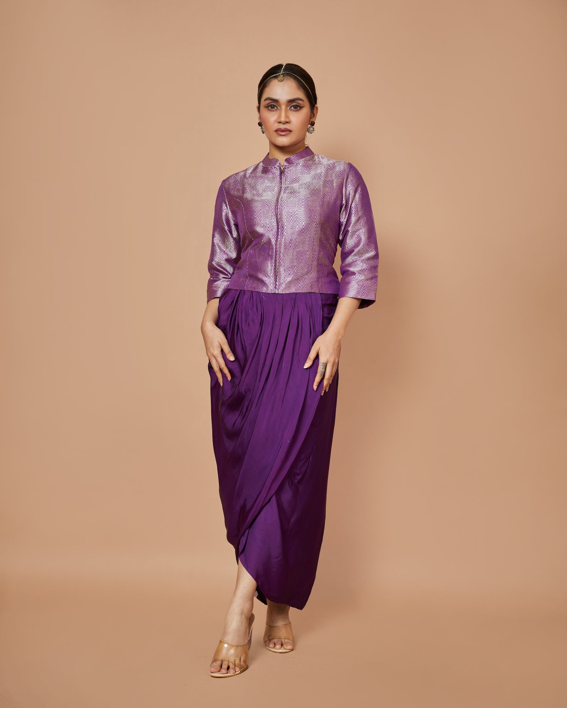 Purple Satin Drape Skirt with Silk Chevron Zari Jacket
