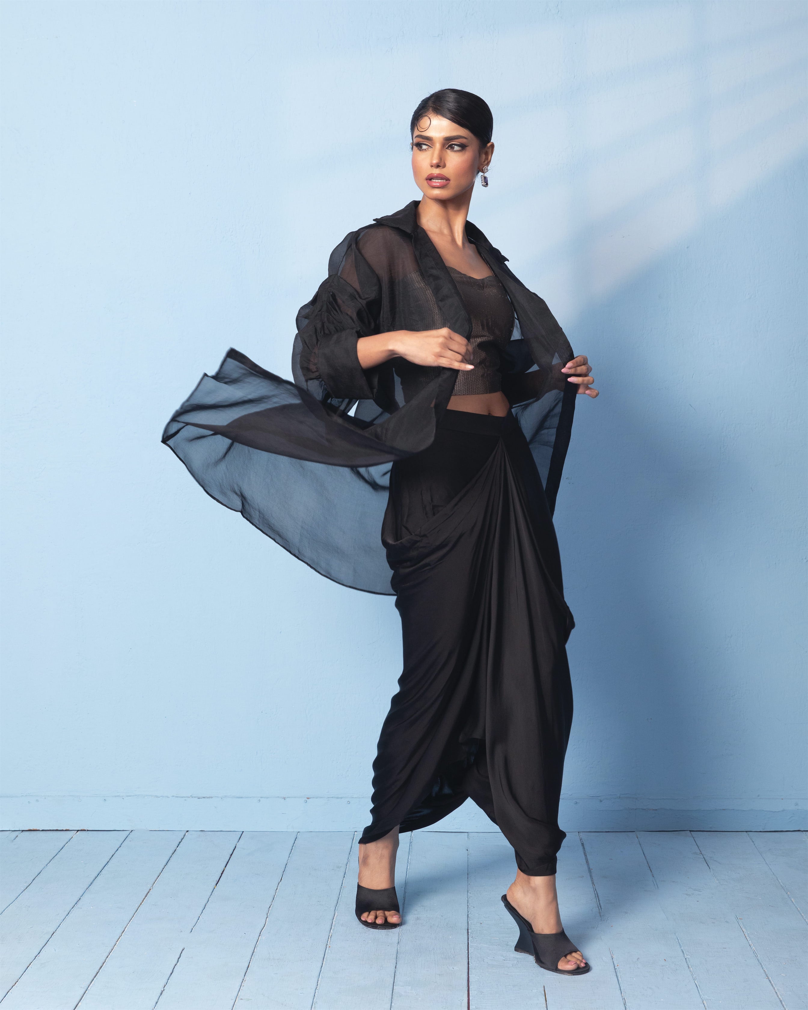 Brocade Corset Top with Satin Drape Skirt and Organza Jacket