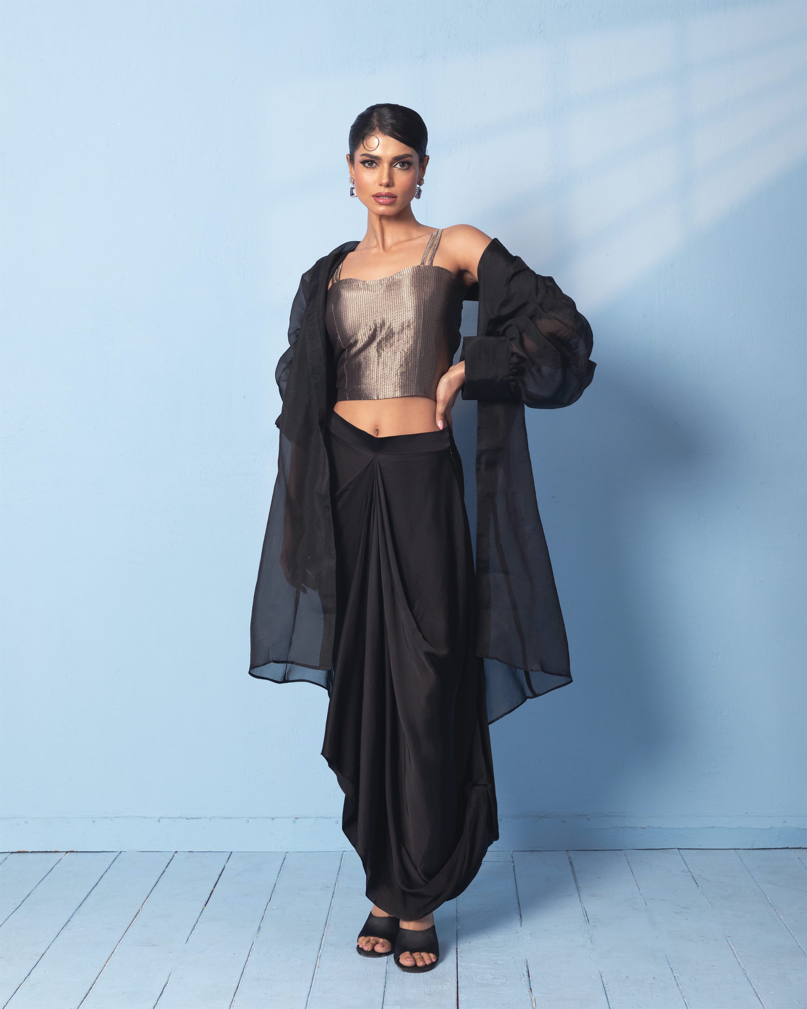 Brocade Corset Top with Satin Drape Skirt and Organza Jacket