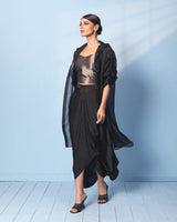 Brocade Corset Top with Satin Drape Skirt and Organza Jacket