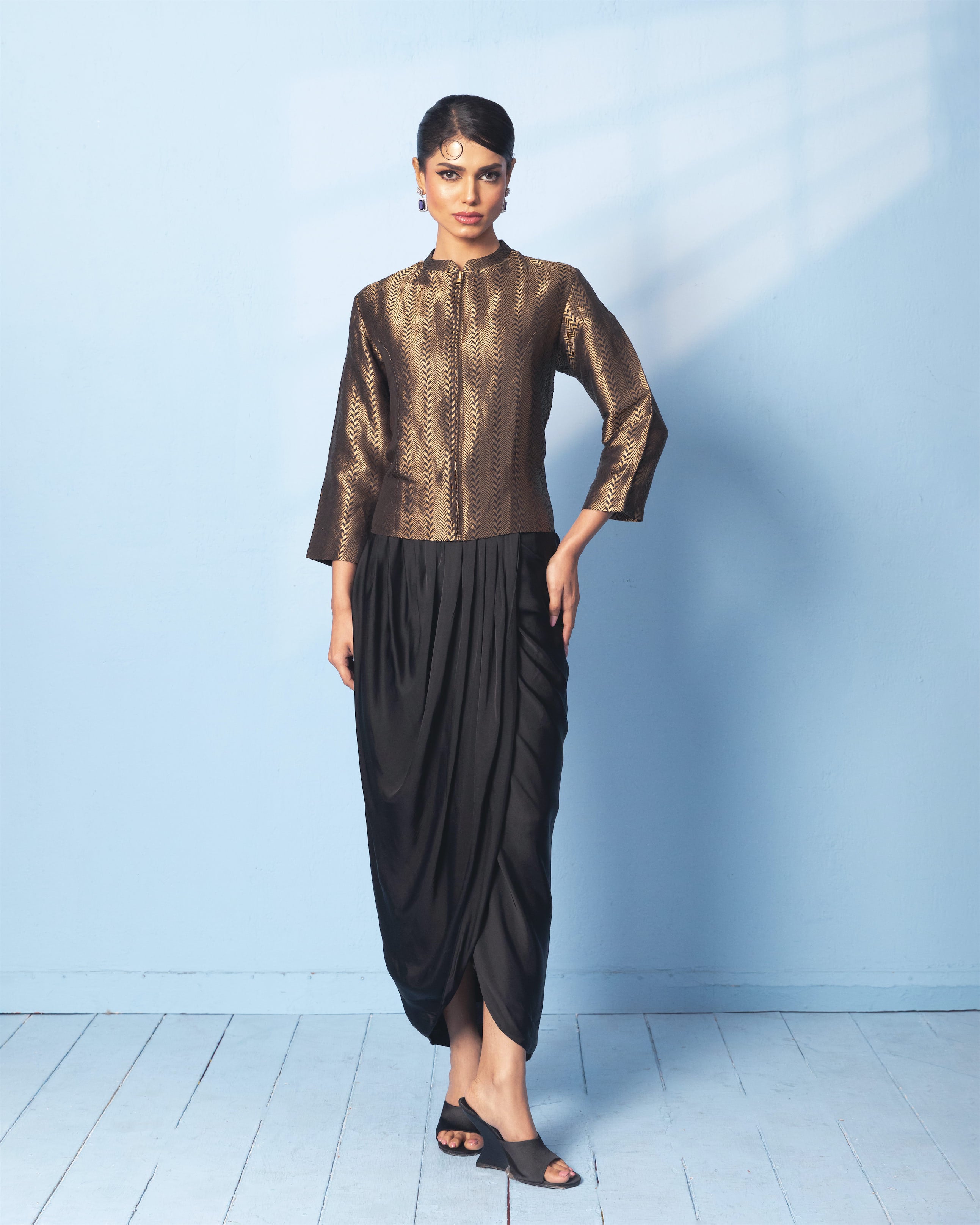 Black Brocade Short Jacket with Satin Drape Skirt