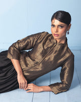 Black Brocade Short Jacket with Satin Drape Skirt