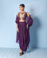 Brocade Corset Top with Satin Drape Skirt and Organza Jacket