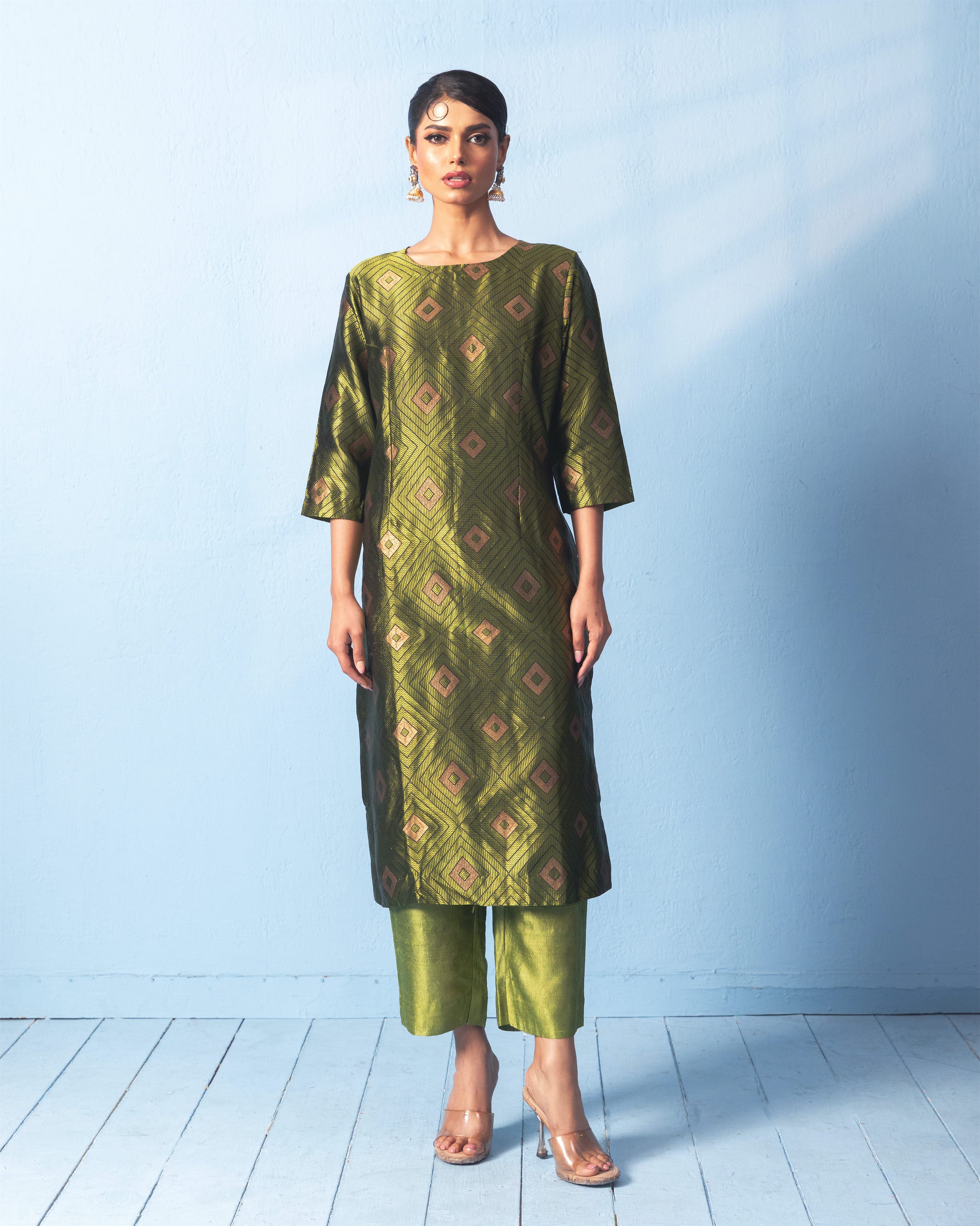 Olive Green Banarasi Tanchoi Kurta with Raw Silk Pant