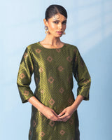 Olive Green Banarasi Tanchoi Kurta with Raw Silk Pant