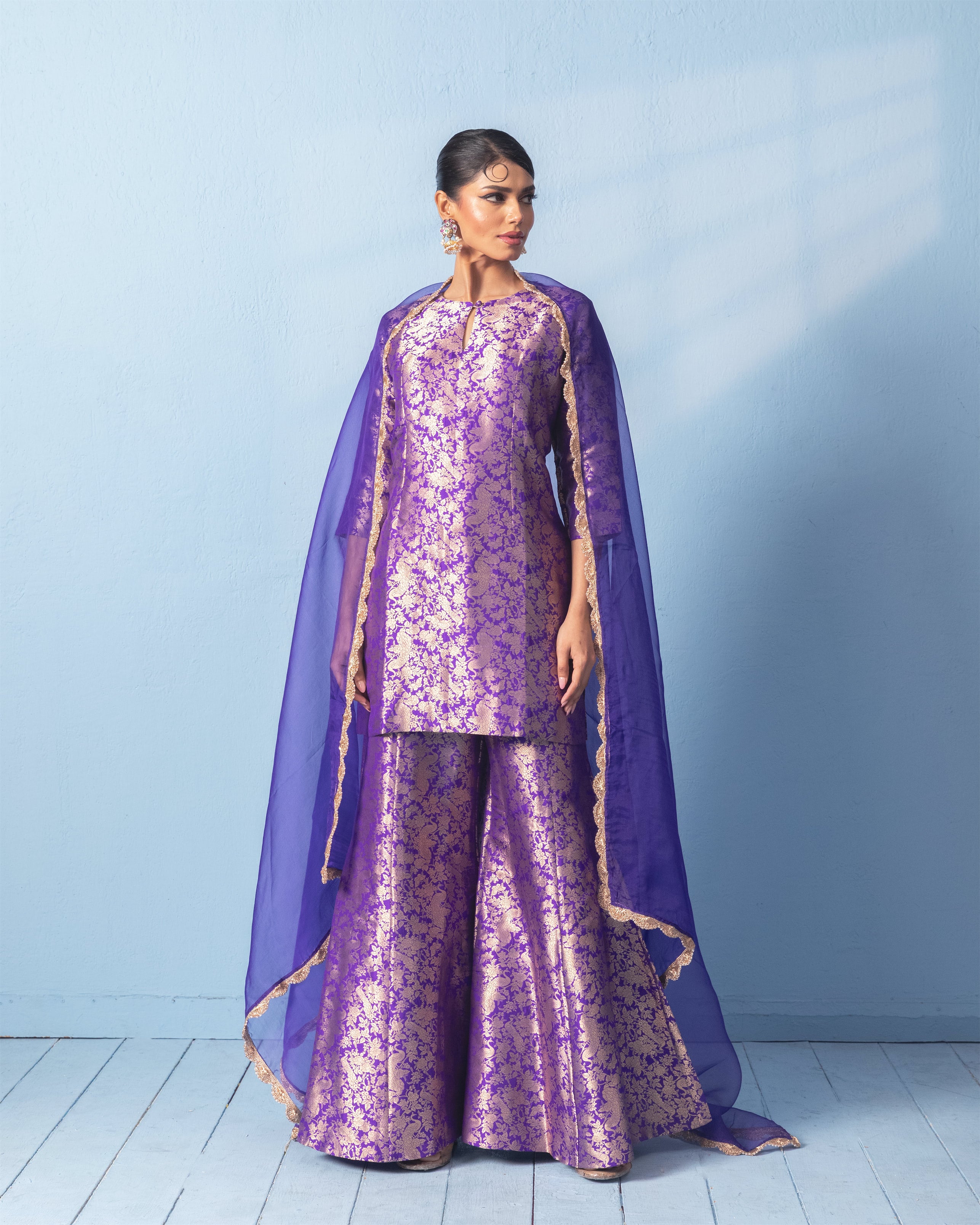 Purple Morbagh Kurta and Garara Set with Organza Scalloped Dupatta