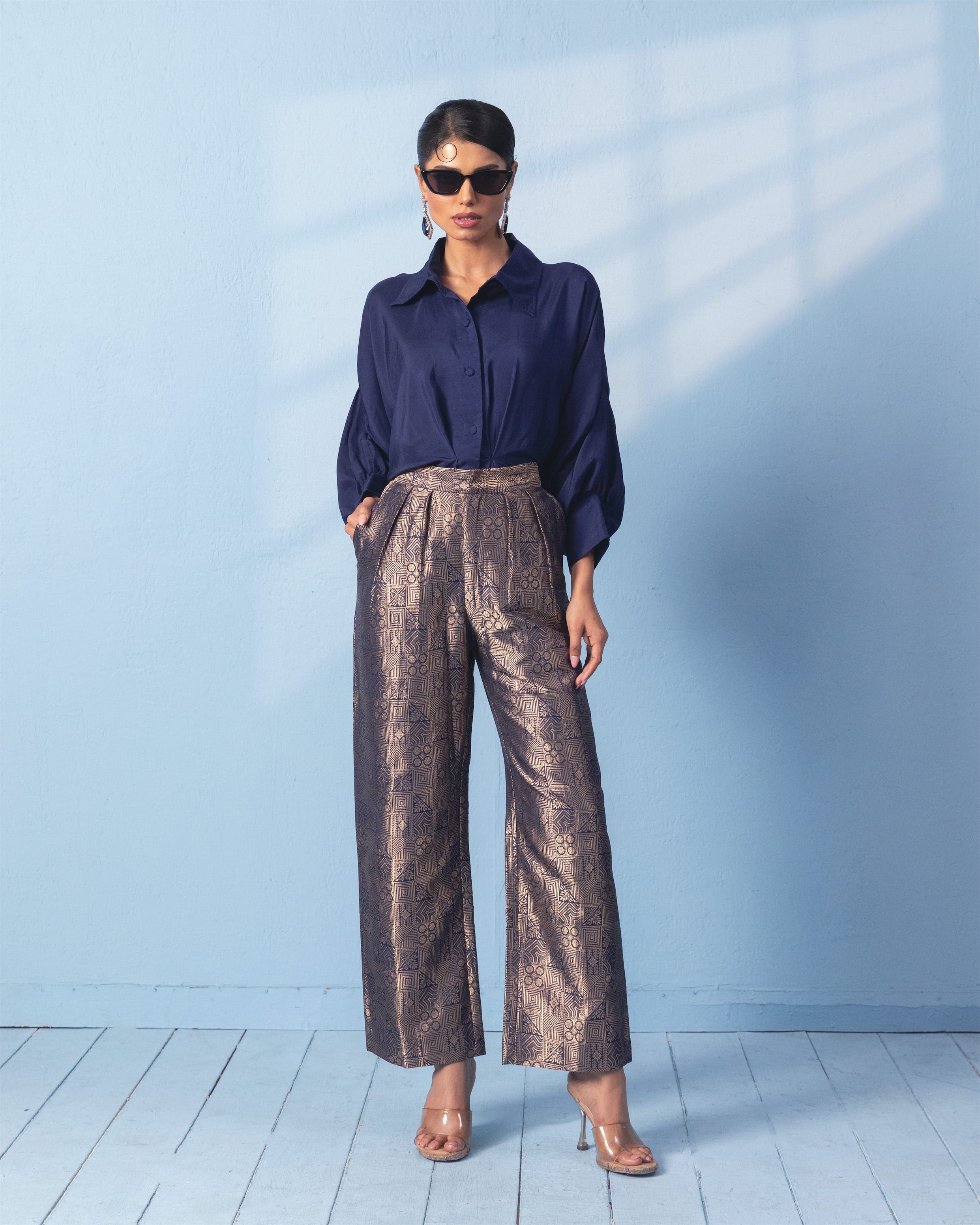 Navy Blue Brocade Trouser with Silk Shirt with Sleeve Detail