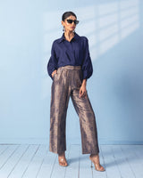Navy Blue Brocade Trouser with Silk Shirt with Sleeve Detail