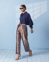 Navy Blue Brocade Trouser with Silk Shirt with Sleeve Detail