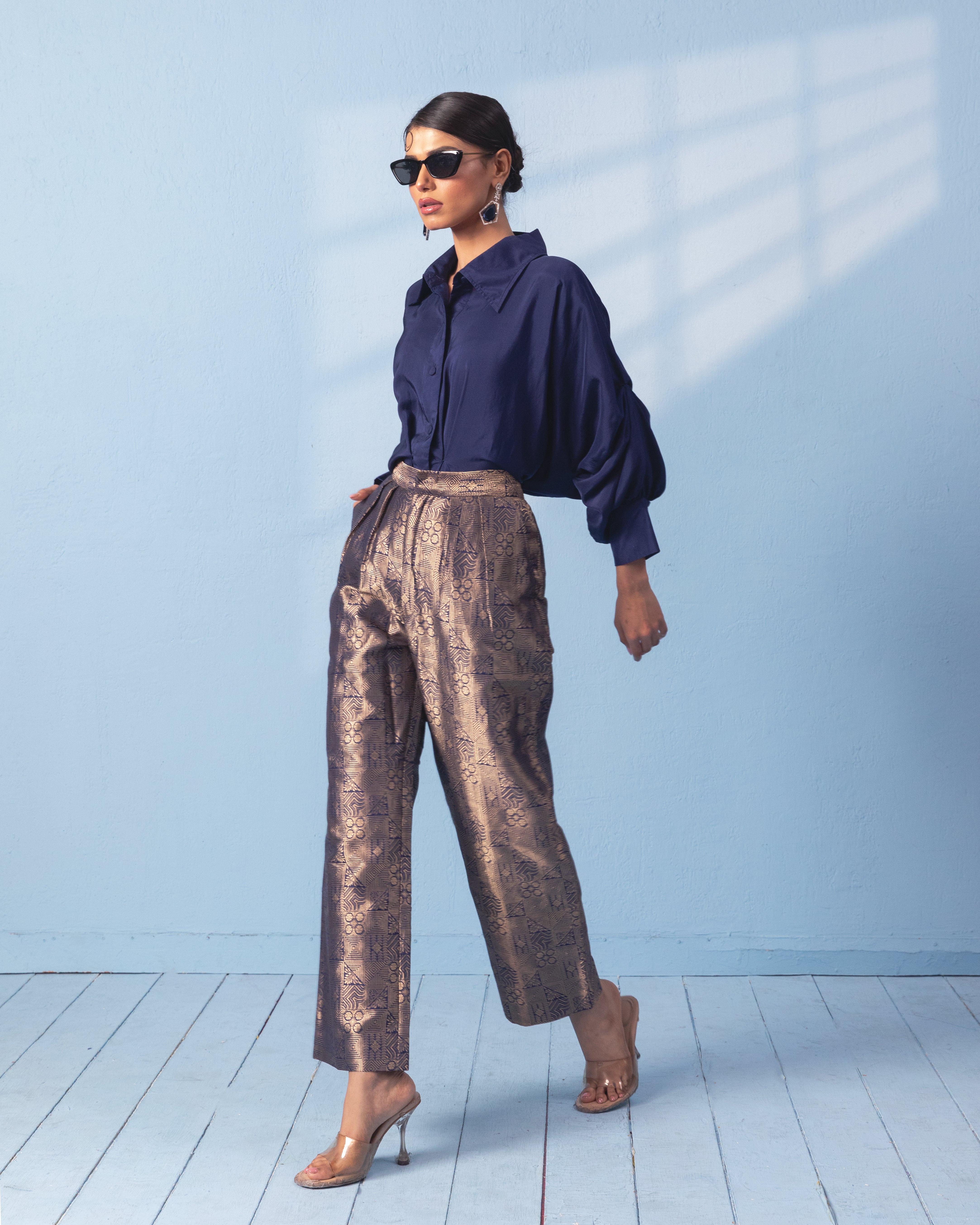 Navy Blue Brocade Trouser with Silk Shirt with Sleeve Detail