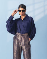 Navy Blue Brocade Trouser with Silk Shirt with Sleeve Detail